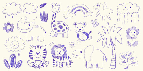 Charming hand drawn safari animals and nature elements in purple outline style