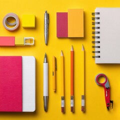 Vibrant Office & School Supplies Flat Lay on Yellow