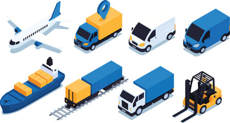 Logistics transport vector, cargo ship, freight train, airplane, delivery truck, forklift, GPS van, warehouse vehicle, isometric style, illustration © VectoBloom