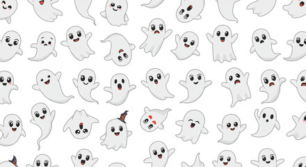 A playful and spooky-cute seamless pattern featuring cartoon ghosts with various expressions, perfect for Halloween backgrounds, textiles, and festive designs.