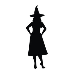 Silhouette of a witch with hands on hips on white background Keywords: witch, silhouette, woman