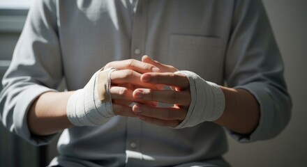Obraz premium Man with bandaged wrists in a grey shirt, hands clasped, soft window light