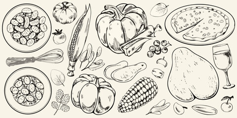 Hand drawn sketch of autumn harvest vegetables and food items including pumpkins corn and pizza