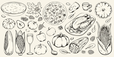 Hand drawn sketch of a bountiful harvest feast with roasted chicken pizza and autumn vegetables
