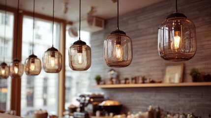 Cozy Cafe Ambiance with Warm Pendant Lights