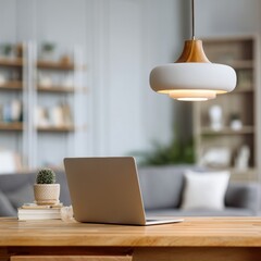 Modern Home Office with Laptop and Warm Lighting