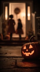 Halloween Night: Glowing Jack-o'-lantern and Trick-or-Treaters