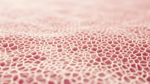 Microscopic view of a pink cellular texture, suggestive of skin or organic material.