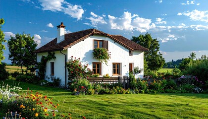 Idyllic White House with Brown Tile Roof Surrounded by Lush Green Lawn and Vibrant Flowers under a Bright Blue Sky