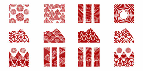 Collection of red and white japanese inspired geometric patterns and motifs