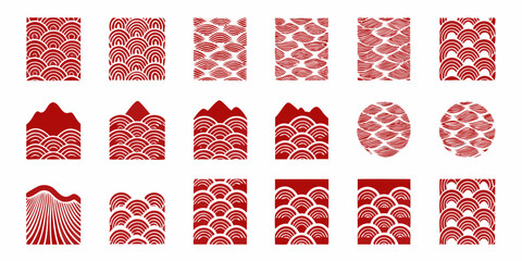 Collection of japanese seigaiha wave pattern designs in red and white