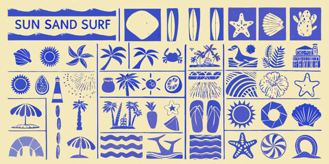 Collection of blue summer beach and tropical icons on a cream background with sun sand surf text