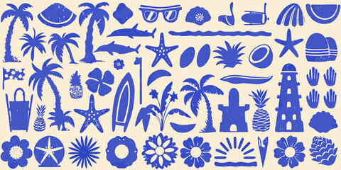 Collection of blue summer beach vacation icons and symbols on a cream background