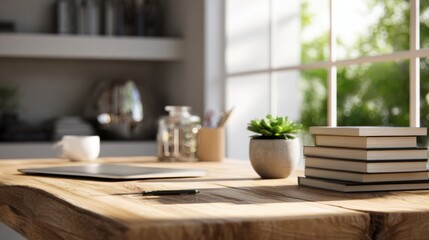 Bright Home Office Desk with Books, Plant, and Laptop