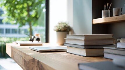 Modern Home Office Desk with Books and Laptop by Window