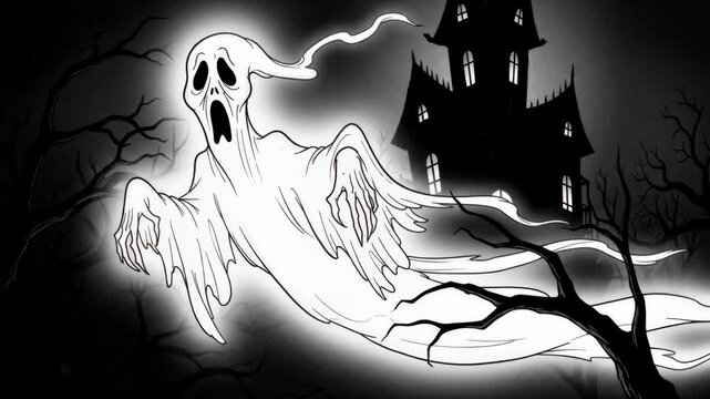Spooky Ghost Animation with Haunted House - A black and white animation frame featuring a ghostly figure and a haunted house.