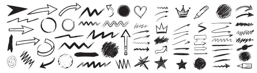 Brush line shape background abstract texture paint set. Hand drawn sketch doodle scribble brush geometric shape crayon effect background. Abstract arrow, circle, zigzag vector illustration