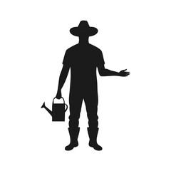 Farmer Silhouette Holding Watering Can And Gesturing Keywords: farmer, silhouette, man, watering