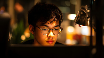 Focused Young Asian Man Working Late at Night Under Warm Desk Lamp Light, Wearing Glasses and Concentrating on Computer Screen in Dark Room, Studying or Working