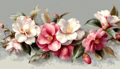 Watercolor-style floral arrangement, primarily featuring pink and white blooms with green leaves