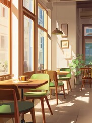 Fototapeta premium Sunny Cafe Interior with Modern Design and Warm Light