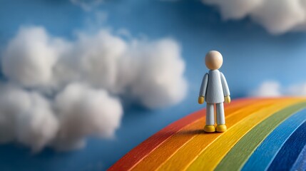 Obraz premium A small wooden figurine stands confidently on a vibrant rainbow arch, against a backdrop of a bright blue sky filled with fluffy white clouds.