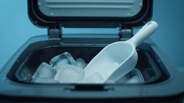 Fresh Ice Cubes in Modern Ice Maker with White Scoop Under Blue Lighting