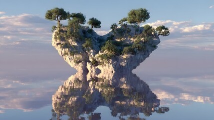 Fototapeta premium Serene landscape depicts a floating island with lush green trees and vegetation growing on its rocky surface, reflecting perfectly in tranquil water under a soft, cloudy sky in a peaceful, dreamy...