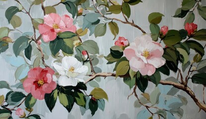 Painting of camellia branches with pink, white, and red blooms amid green leaves