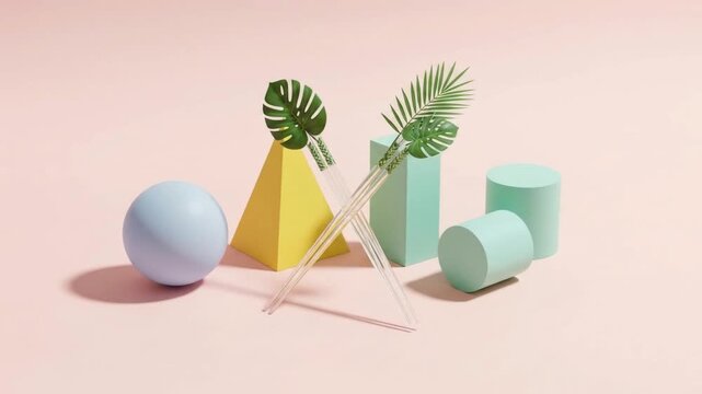 Minimalist pastel geometric shapes with tropical leaves on a soft pink background, abstract compo...