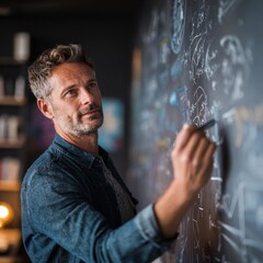 Focused Man Writes Complex Equations on Chalkboard