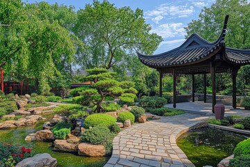 Fototapeta premium Classical Chinese garden with ornamental trees and manicured landscaping.