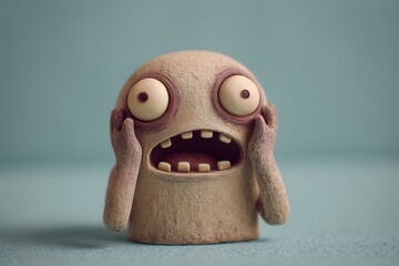 Cute Beige Monster Figurine with Big Eyes and Open Mouth on Blue Background