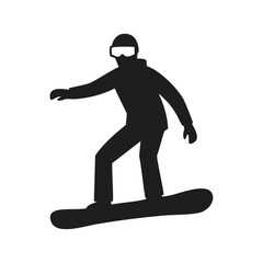 Fototapeta premium Black silhouette of a man snowboarding with goggles on white background