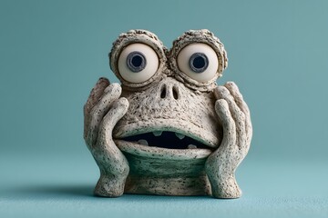 Whimsical Ceramic Frog with Large Eyes and Hands on Cheeks Surprising Expression in Studio Setting