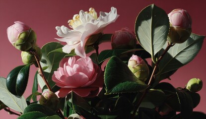 Close-up of camellia blooms in various stages of development against a pink backdrop