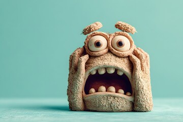 Funny Clay Monster with Big Eyes and Open Mouth on Light Blue Background