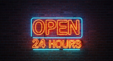 Neon "OPEN 24 HOURS" sign on brick wall, glowing