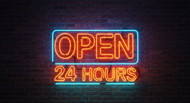 Neon "OPEN 24 HOURS" sign on brick wall, glowing