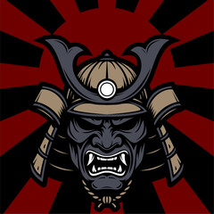 “A dark and fierce samurai mask with sharp fangs, set against a deep red rising sun background. A symbol of strength, honor, and fearlessness.