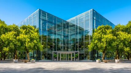 Modern glass building with a contemporary design showcases a clear blue sky and lush green trees framing its facade, creating a peaceful and natural environment, representing architecture.