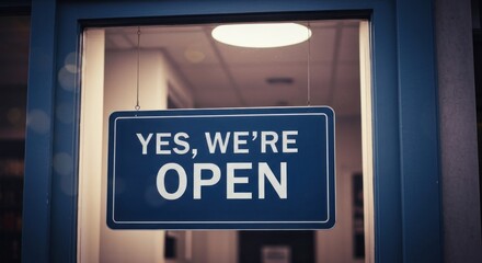 Open sign hangs in a window with blurred light reflection overhead