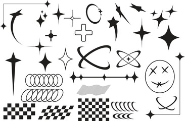 Y2K Abstract Vector Elements Pack &ndash; Sparkles, Stars, Checkerboard, Retro Shapes and Grunge Graphics
