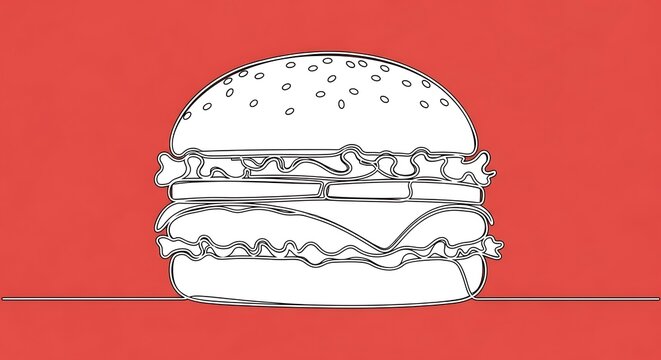 Minimalist Burger Illustration on Red Background.