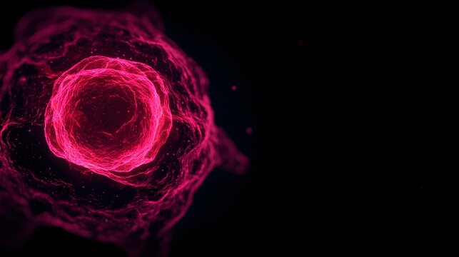 Glowing pink abstract cellular structure is set against a dark backdrop, showcasing a luminous, textured exterior with an inner nucleus emitting radiant energy.