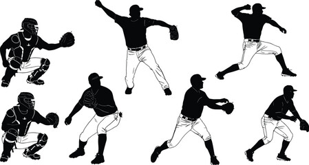 Baseball player silhouette, action poses, pitching, catching, throwing, sports vector, athletic motion, black figures, dynamic movement, white background