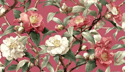 A floral pattern featuring pink & white camellias, buds, green leaves on a red background