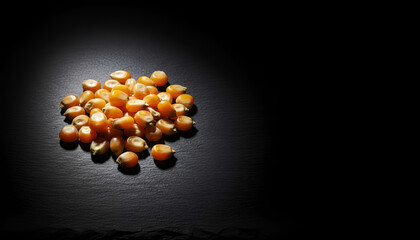 Fototapeta premium Pile of popcorn kernels on a dark background for Thanksgiving, space for text 