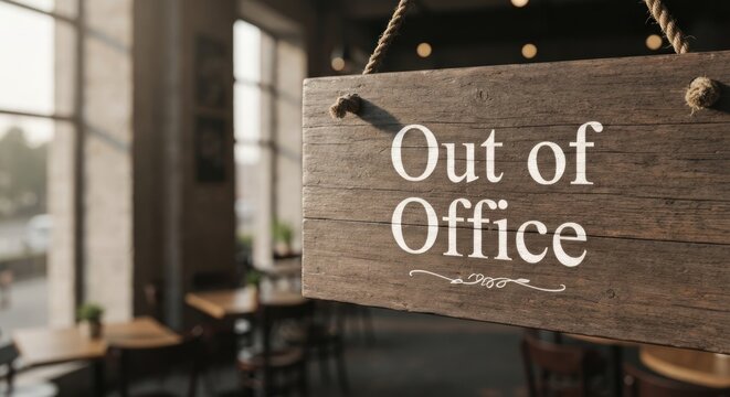 Out of Office" sign hangs in bright cafe, chairs/tables blurred behind
