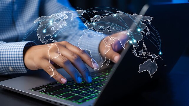Laptop with holographic world map overlay representing global digital communication network
 - Powered by Adobe